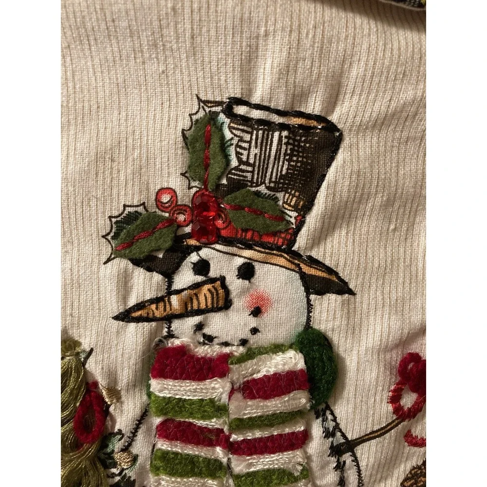 Pier 1 Snowman Stocking Appliqué Christmas Plaid Cuff 3D Embroidered Beaded‎